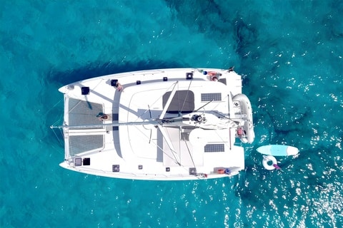 44 lagoon catamaran drone view